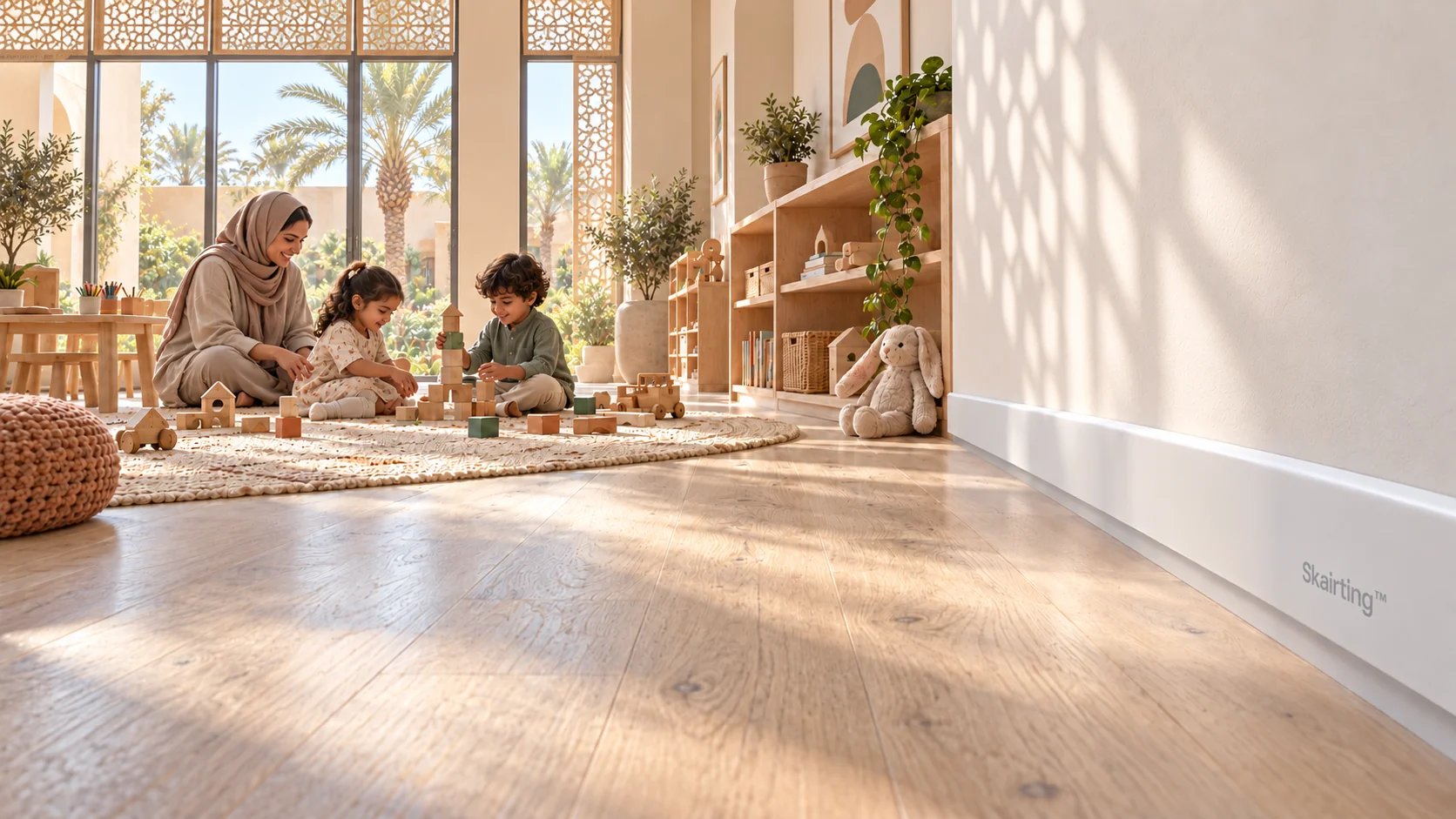 A teacher and children playing with wooden blocks in a contemporary Saudi nursery, with white Skairting, its logo and continuous lower recess visible along the right foreground wall