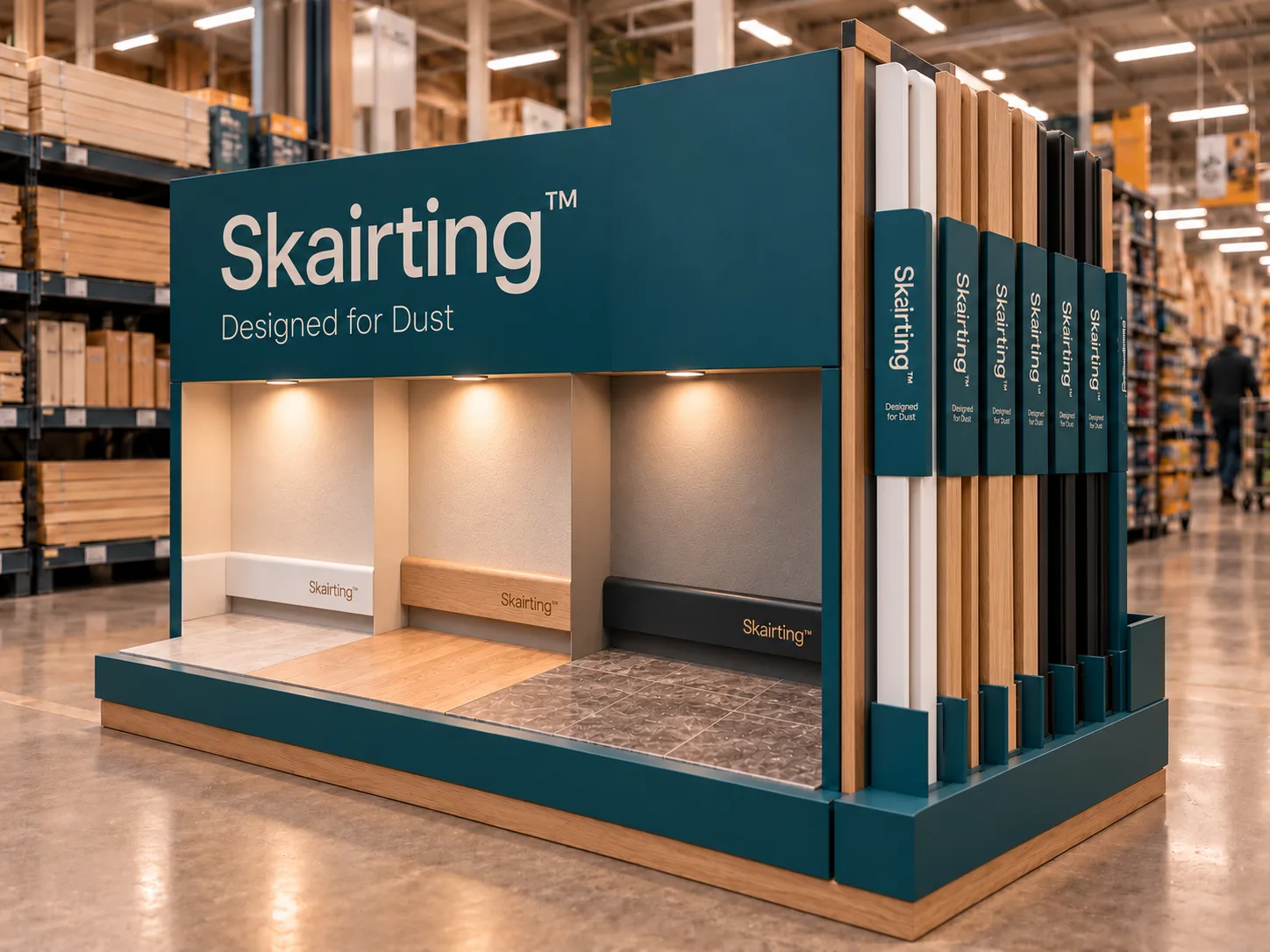Concept retail display of Skairting profiles in white, oak and black with the open dust recess